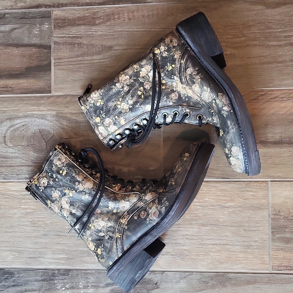 Free People Shoes - Free People Black Floral Combat Boots, Size 38, Size 8